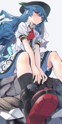 Rule 34 | 1girl, absurdres, black footwear, black hat, black socks, blue hair, blue skirt, blush, boots, buttons, center frills, closed mouth, collared shirt, frills, hair between eyes, hat, highres, hinanawi tenshi, long hair, md5 mismatch, necktie, puffy short sleeves, puffy sleeves, red eyes, rock, shirt, short sleeves, simple background, sitting, skirt, socks, solo, touhou, tsune (tune), white background, white shirt