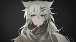Rule 34 | 1girl, animal ears, arknights, black background, black jacket, black shirt, blood, blood on face, commentary, hair between eyes, hair ornament, hairclip, jacket, lappland (arknights), long hair, looking at viewer, scar, scar across eye, scar on face, shirt, simple background, smile, solo, soyoong jun, upper body, white hair, wolf ears