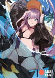 Rule 34 | 1girl, animal hood, armor, bare shoulders, beach, bird, black jacket, blue bow, blue eyes, blue sky, blush, bow, breasts, cameltoe, choker, closed mouth, collarbone, fate/grand order, fate (series), greaves, hair between eyes, hood, jacket, long hair, long sleeves, looking at viewer, meltryllis, meltryllis (fate), meltryllis (swimsuit lancer) (fate), meltryllis (swimsuit lancer) (first ascension) (fate), muunai, navel, open clothes, open jacket, palm tree, partially submerged, partially underwater shot, penguin, penguin hood, purple hair, sky, sleeves past fingers, sleeves past wrists, small breasts, smile, solo, spread legs, swimming, thighs, tree, underwater, very long hair