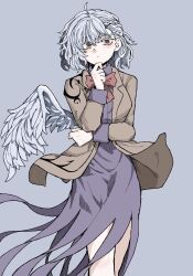 Rule 34 | 1girl, ahoge, bow, bowtie, brown jacket, closed mouth, commentary, dress, fe (tetsu), grey background, grey hair, highres, jacket, kishin sagume, looking at viewer, purple dress, red bow, red bowtie, red eyes, short hair, simple background, single wing, solo, touhou, wings