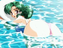 Rule 34 | 1990s (style), 1girl, :d, afloat, ahoge, ass, back, breasts, curly hair, foreshortening, from behind, game cg, green hair, holding, inaba yoshiki, kickboard, kimi ni steady, kiyose emi, large breasts, long hair, looking at viewer, looking back, one-piece swimsuit, open mouth, partially submerged, pink eyes, purple eyes, retro artstyle, sideboob, smile, solo, sparkle, swimming, swimsuit, water, wet