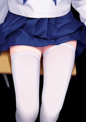 Rule 34 | 1girl, absurdres, allenes, black background, blue skirt, chair, feet out of frame, highres, long sleeves, lower body, miniskirt, original, shirt, signature, simple background, sitting, skirt, solo, thighhighs, thighs, white shirt, white thighhighs, zettai ryouiki