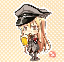 Rule 34 | 10s, 1girl, :t, alcohol, alternate eye color, ankle boots, bare shoulders, beer, beer mug, bismarck (kancolle), black gloves, blonde hair, blush, boots, breasts, brown eyes, chibi, cup, eating, elbow gloves, food, full body, gloves, grey footwear, grey hat, grey thighhighs, hat, highres, holding, holding food, kantai collection, long hair, looking at viewer, medium breasts, military, military uniform, mug, nose blush, outline, peaked cap, pocket, pretzel, sleeveless, solo, star (symbol), starry background, straight hair, taisa (kari), thighhighs, uniform, very long hair