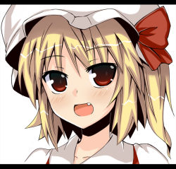 Rule 34 | 1girl, blouse, female focus, flandre scarlet, glasses, hat, letterboxed, lock heart (juuryokudou), looking at viewer, mob cap, open mouth, portrait, shirt, simple background, smile, solo, touhou, white background, white hat, white shirt