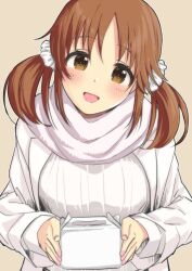 Rule 34 | 1girl, blush, box, brown hair, coat, fingernails, ginnote, hair ornament, hair scrunchie, head tilt, holding, holding box, idolmaster, idolmaster cinderella girls, looking at viewer, nail polish, scarf, scrunchie, simple background, smile, solo, sweater, totoki airi, twintails, upper body, white coat, white scarf, white sweater