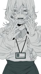1girl braid collared_shirt commentary dress_shirt glasses greyscale hair_between_eyes highres hoshi_san_3 id_card long_hair mask_pull monochrome nervous_sweating open_mouth original shirt shirt_tucked_in simple_background single_braid skirt solo sweat sweater symbol-only_commentary teeth