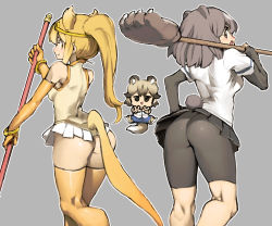 Rule 34 | 10s, 3girls, african wild dog (kemono friends), animal ears, ass, back, bear ears, paw stick, bear tail, bike shorts, black hair, black skirt, blush, brown bear (kemono friends), chibi, circlet, commentary request, dog ears, dog tail, double v, elbow gloves, gloves, golden snub-nosed monkey (kemono friends), high ponytail, holding, holding staff, kemono friends, leotard, long hair, looking at viewer, looking back, monkey ears, monkey tail, multicolored hair, multiple girls, open mouth, pleated skirt, ponytail, shirt, short hair, short sleeves, shorts, shorts under skirt, simple background, skirt, smile, staff, tail, v, white shirt, yellow gloves, yellow legwear, yellow leotard, ysk!