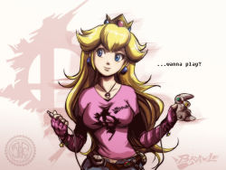 Rule 34 | 1girl, alternate costume, belt, blonde hair, blue eyes, bracelet, cable, casual, controller, crown, detached sleeves, earrings, english text, game console, game controller, jay phenrix, jewelry, kirby (series), long hair, mario (series), meta knight, mushroom, nintendo, open fly, pendant, plug, princess, princess peach, smile, solo, star (symbol), super mushroom, super smash bros., unzipped, v-neck, watermark
