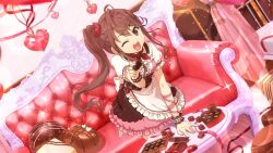 Rule 34 | 1girl, 22/7, 22/7 ongaku no jikan, brown eyes, brown hair, brown scrunchie, chocolate, dress, dutch angle, food, game cg, hair ornament, hair scrunchie, hand on table, high side ponytail, highres, holding, holding chocolate, holding food, incoming food, indoors, leaning forward, lens flare, light particles, long hair, looking at viewer, non-web source, official art, one eye closed, open mouth, red ribbon, ribbon, scrunchie, short sleeves, smile, solo, sparkle, teeth, toda jun, upper teeth only, valentine