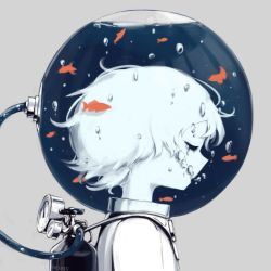 Rule 34 | 1boy, air bubble, avogado6, bubble, closed eyes, fish, fishbowl helmet, floating hair, from side, goldfish, grey background, male focus, original, oxygen tank, profile, shirt, simple background, solo, upper body, white shirt