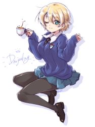 Rule 34 | 1girl, artist name, black footwear, black necktie, black pantyhose, blonde hair, blue eyes, blue skirt, blue sweater, braid, character name, closed mouth, commentary request, cup, darjeeling (girls und panzer), dress shirt, emblem, floating, girls und panzer, highres, holding, holding cup, kuroi mimei, legs, legs up, loafers, long sleeves, looking at viewer, miniskirt, necktie, one eye closed, pantyhose, pleated skirt, school uniform, shadow, shirt, shoes, short hair, signature, simple background, skirt, smile, solo, spilling, st. gloriana&#039;s (emblem), st. gloriana&#039;s school uniform, sweater, tea, teacup, twin braids, v-neck, w arms, white background, white shirt, wing collar