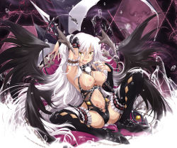 Rule 34 | 1girl, black high heels, black thighhighs, black wings, bondage outfit, boots, breasts, demon girl, demon tail, frills, hair wings, high heels, horns, jewelry, large breasts, long hair, magic circle, multicolored hair, nipples, original, polearm, pubic tattoo, ranbu hararin, revealing clothes, sitting, solo, spread legs, suggestive fluid, tail, tattoo, thighhighs, topless, very long hair, weapon, white hair, wings, yellow eyes