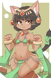 Rule 34 | 1girl, :3, animal ear fluff, animal ears, artist name, bastet (fullbokko heroes), bikini, bikini top only, black hair, blush, body fur, bow, brown eyes, brown fur, cat, cat ears, cat girl, cat tail, commentary, cowboy shot, earrings, fullbokko heroes, furry, furry female, highres, jewelry, leg up, looking to the side, midriff, navel, paw pose, pawpads, pelvic curtain, ryuusui arumo, short hair, simple background, snout, solo, swimsuit, tail, tail bow, tail ornament