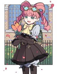 Rule 34 | 1girl, ace attorney, backpack, bag, blush, bouquet, bow, bow-shaped hair, brown gloves, bubble skirt, bush, collar, dress, drill hair, falling petals, fence, flower, frilled collar, frilled gloves, frilled sleeves, frills, gloves, goggles, goggles on head, green bag, green eyes, hair rings, highres, holding, holding bouquet, iris wilson, long hair, open mouth, paran dgs, petals, pink hair, puffy sleeves, shirt, skirt, smile, solo, strapless, strapless dress, the great ace attorney, tulip, twintails, white shirt, window, yellow bow
