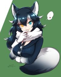 Rule 34 | ..., 10s, 1girl, animal ears, black hair, blue eyes, breasts, cropped torso, dated, fur collar, gloves, grey wolf (kemono friends), heart, heterochromia, highres, kemono friends, long hair, looking at viewer, mame jirushi, multicolored hair, necktie, signature, solo, speech bubble, tail, two-tone hair, wolf ears, wolf tail, yellow eyes