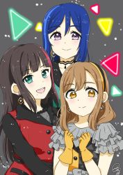 Rule 34 | 3girls, alternate hairstyle, aqua hair, artist name, artist request, azalea (love live!), black bow, black choker, black dress, black hair, black hairband, black pants, black shorts, blue hair, blunt bangs, blush, bow, breasts, brown eyes, brown hair, buttons, choker, cleavage, clenched hands, collarbone, dress, earrings, female focus, frilled dress, frilled sleeves, frills, gloves, green dress, green eyes, green gloves, grey bow, hair between eyes, hairband, high ponytail, highres, himitsu no story (love live!), in the dark (love live!), jewelry, kunikida hanamaru, kurosawa dia, light brown hair, long hair, long sleeves, looking at viewer, love live!, love live! school idol festival, love live! sunshine!!, matsuura kanan, mole, mole under mouth, multicolored hair, multiple girls, pants, parted lips, plaid, plaid dress, pleated, pleated dress, ponytail, purple eyes, red dress, red hair, short sleeves, shorts, shorts under dress, small breasts, smile, the secret story (love live!), triangle print, two-tone dress, upper body, yellow dress, yellow eyes, yellow gloves, yellow hairband