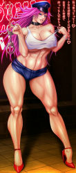 Rule 34 | abs, biker cap, blue shorts, breasts, capcom, chinbotsu, cuffs, final fight, handcuffs, highres, large breasts, long image, mad gear gang, muscular, newhalf, poison (final fight), tall image, thick thighs, thighs
