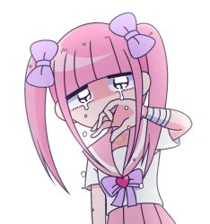 Rule 34 | 1girl, bandaged arm, bandages, black eyes, blunt bangs, bow, collar, crying, ezaki bisuko, heart, hexagram, highres, jewelry, long hair, looking at viewer, menhera-chan (ezaki bisuko), menhera-chan (ezaki bisuko) (character), necklace, official art, pink hair, pink sailor collar, pink skirt, pleated skirt, purple bow, purple collar, sad, sailor collar, school uniform, serafuku, short sleeves, short twintails, sidelocks, simple background, skirt, solo, star of david, tears, twintails, white background, white serafuku, wiping tears