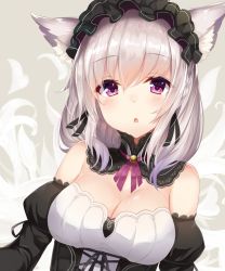 Rule 34 | 1girl, animal ear fluff, animal ears, bare shoulders, blush, breasts, cat ears, cat girl, chestnut mouth, cleavage, close-up, corset, detached collar, detached sleeves, gothic lolita, hair between eyes, highres, indie virtual youtuber, juliet sleeves, large breasts, lolita fashion, long sleeves, looking at viewer, maid, maid headdress, open mouth, original, puffy sleeves, purple eyes, purple ribbon, ribbon, sidelocks, silver hair, solo, takehana note, upper body