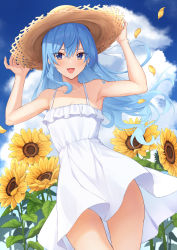 Rule 34 | 1girl, :d, alternate costume, arms up, blue eyes, blue hair, blue sky, cloud, dress, flower, hair between eyes, hat, highres, hololive, hoshimachi suisei, open mouth, outdoors, sky, smile, solo, star (symbol), star in eye, straw hat, sundress, sunflower, symbol in eye, terry (pixiv3274443), thighs, virtual youtuber, white dress, wind, wind lift