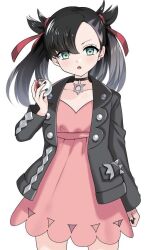 Rule 34 | 1girl, asymmetrical bangs, black choker, black hair, black jacket, choker, creatures (company), dot nose, dress, game freak, green eyes, highres, holding, holding poke ball, jacket, long hair, looking at viewer, marnie (pokemon), nintendo, open clothes, open jacket, open mouth, pink dress, poke ball, pokemon, pokemon swsh, simple background, solo, white background, yuihico