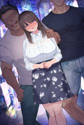 Rule 34 | 1girl, absurdres, blush, breasts, brown hair, embarrassed, floral print, hand on another&#039;s shoulder, head tilt, height difference, highres, large breasts, legs, long hair, looking at viewer, multiple boys, no eyes, open mouth, original, outdoors, purple eyes, skirt, standing, thighs, yomoda yomo