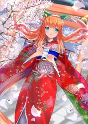 Rule 34 | 1girl, absurdres, animal ears, aqua eyes, cherry blossoms, chinese zodiac, commentary, day, ear covers, floral print, furisode, hairband, hatsumoude, highres, holding, holding paper, horse ears, horse girl, horse tail, japanese clothes, kimono, light particles, long hair, looking at viewer, new year, obi, omikuji, open mouth, orange hair, outdoors, paper, petals, print kimono, rabbit, red kimono, sash, silence suzuka (umamusume), smile, solo, soma suiso, stairs, standing, tail, torii, umamusume, white hairband, wind, year of the rabbit
