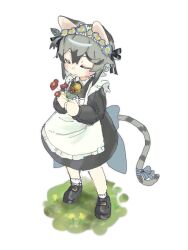 1boy animal_ears apron bell black_dress cat_boy cat_ears cat_tail closed_eyes commentary_request crossdressing dress flower full_body grass grey_hair highres maid maid_apron maid_headdress male_focus neck_bell original outdoors red_flower ribbon short_hair simple_background solo standing tail tail_ornament tail_ribbon trap ty_z15 white_background