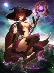 Rule 34 | 1girl, arm warmers, black thighhighs, boots, breasts, brown footwear, cape, cloud, cloudy sky, cross-laced footwear, fantasy, full body, full moon, hand on headwear, hat, highres, knee boots, lace-up boots, large breasts, looking at viewer, magic, minami koyogi, moon, navel, original, outdoors, pointy ears, red eyes, red hair, short sleeves, sky, solo, staff, thighhighs, witch, witch hat
