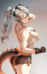 Rule 34 | 1girl, arknights, ass, ass cutout, blush, breasts, brown hair, butt crack, cleavage, clothing cutout, crop top, dragon horns, fingerless gloves, foxyreine, gloves, grey hair, hair between eyes, highres, horns, large breasts, long hair, orange eyes, saria (arknights), shirt, solo, sports bra, tail, thighs, toned, white shirt