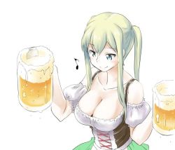 Rule 34 | 10s, 1girl, alcohol, beer, beer mug, blue eyes, breasts, cleavage, collarbone, cup, dirndl, female focus, german clothes, graf zeppelin (kancolle), kantai collection, large breasts, long hair, mug, musical note, simple background, smile, solo, tamu (mad works), tsurime, twintails, underbust, upper body, white background