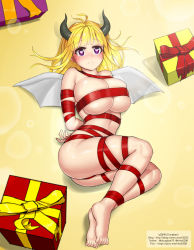 Rule 34 | 1girl, arms behind back, artist name, ass, bad id, bad pixiv id, barefoot, bdsm, blonde hair, blunt bangs, blush, bondage, bound, box, breasts, closed mouth, demon horns, demon wings, dungbae, from above, gift, gift box, heart, heart-shaped pupils, highres, horns, large breasts, long hair, looking at viewer, lying, maplestory, naked ribbon, nose blush, on back, purple eyes, restrained, ribbon, skindentation, solo, symbol-shaped pupils, tears, watermark, web address, wings
