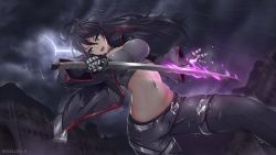 Rule 34 | 1girl, :o, belt, black gloves, black hair, black jacket, black pants, black theme, blue eyes, breasts, cleavage, cowboy shot, dutch angle, female focus, gloves, highres, holding, holding sword, holding weapon, jacket, large breasts, lightning, long hair, looking away, magic, maplestory, maplestory 2, multicolored hair, navel, night, open mouth, outdoors, pants, queasy s, rain, red hair, runeblade (maplestory 2), sky, solo, stomach, strapless, streaked hair, sword, tube top, twitter username, two-tone hair, weapon