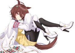 Rule 34 | 1girl, absurdres, agnes tachyon (umamusume), ahoge, animal ears, brown hair, high heels, highres, horse ears, horse girl, horse tail, ichiki 1, lab coat, pantyhose, red eyes, sleeves past fingers, sleeves past wrists, smile, solo, sweater, tail, test tube, umamusume, white background