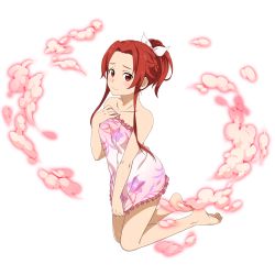 Rule 34 | 1girl, barefoot, blush, bow, braid, closed mouth, collarbone, female focus, floral print, frilled towel, full body, hair bow, hair intakes, high ponytail, highres, kneeling, long hair, looking at viewer, matching hair/eyes, naked towel, official art, pink towel, print towel, red eyes, red hair, sidelocks, smile, soles, solo, sword art online, sword art online: alicization, tiese schtrinen, towel, towel tug, transparent background, wet, wet hair, white bow