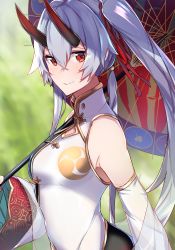 Rule 34 | 1girl, absurdres, china dress, chinese clothes, detached sleeves, dress, fate/grand order, fate (series), hair between eyes, heroic spirit traveling outfit, highres, horns, long hair, mitsudomoe (shape), nanakaku, oil-paper umbrella, oni, ponytail, red eyes, silver hair, solo, tomoe (symbol), tomoe gozen (fate), tomoe gozen (traveling outfit) (fate), umbrella