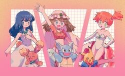 Rule 34 | 3girls, :d, :o, arabian clothes, arm up, bare shoulders, bead necklace, beads, blue eyes, blue hair, blush, bow, bowtie, brown hair, buneary, choker, closed mouth, creatures (company), cropped shirt, dawn (pokemon), dress, elbow gloves, game freak, gen 1 pokemon, gen 4 pokemon, gloves, goldeen, goldeen (cosplay), green eyes, hair between eyes, heart, heart choker, jewelry, leotard, long hair, looking at viewer, may (pokemon), mgomurainu, midriff, misty (pokemon), multiple girls, navel, necklace, nintendo, open mouth, orange hair, orange shirt, pikachu, pokemon, pokemon (anime), pokemon (classic anime), pokemon (creature), pokemon dppt (anime), pokemon rse (anime), purple dress, red bow, red bowtie, shirt, short ponytail, sleeveless, sleeveless dress, smile, strapless, strapless leotard, wartortle, white gloves, white leotard