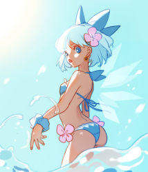 Rule 34 | 1girl, back, bikini, blue bikini, blue eyes, blue hair, blue sky, cirno, day, earrings, flower, hair flower, hair ornament, hair ribbon, hidden star in four seasons, ice, ice wings, jewelry, looking at viewer, looking back, luminous slime, open mouth, partially submerged, ribbon, short hair, sky, solo, sunlight, swimsuit, tan, tanned cirno, touhou, wading, water, wings