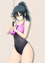 Rule 34 | 1girl, black eyes, black hair, competition swimsuit, contrapposto, covered navel, fuuma nagi, grey background, long hair, one-piece swimsuit, original, ponytail, simple background, solo, standing, swimsuit, sword, weapon