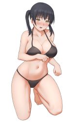 Rule 34 | 1girl, arm under breasts, bare shoulders, barefoot, bikini, black bikini, black hair, blush, breasts, cleavage, collarbone, commentary, commission, en&#039;en no shouboutai, full body, groin, halterneck, highres, kneeling, large breasts, long hair, looking at viewer, midriff, navel, nose blush, open mouth, sarhce, sidelocks, simple background, solo, string bikini, swimsuit, tamaki kotatsu, teeth, twintails, upper teeth only, white background, yellow eyes