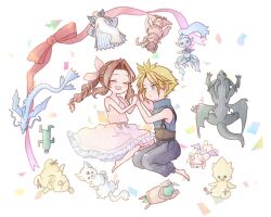 Rule 34 | 1boy, 1girl, aerith gainsborough, aqua eyes, baggy pants, bahamut (final fantasy), bare arms, bare shoulders, barefoot, belt, blonde hair, blue pants, bluelimbo8888, blush, bow, braid, braided ponytail, breasts, brown belt, brown hair, carbuncle (final fantasy), chibi, chocobo, closed eyes, cloud strife, dragon, dress, fat chocobo, final fantasy, final fantasy vii, final fantasy vii remake, hair ribbon, holding hands, ifrit (final fantasy), kneeling, leviathan (final fantasy), long hair, looking at another, moogle, multiple belts, open mouth, pants, parted bangs, pink dress, pink ribbon, ramuh, red bow, ribbon, sabotender, shiva (final fantasy), short hair, sidelocks, sleeveless, sleeveless dress, sleeveless turtleneck, small breasts, smile, spiked hair, square enix, suspenders, tonberry, turtleneck