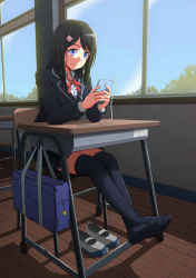 Rule 34 | 1girl, :3, bad id, bad pixiv id, bag, black hair, black thighhighs, blazer, blue eyes, blue sky, buttons, cable, cat hair ornament, cellphone, chair, classroom, collared shirt, day, desk, dress shirt, earbuds, earphones, feet, full body, hair ornament, hairclip, highres, holding, holding phone, indoors, jacket, long hair, long sleeves, neck ribbon, original, own hands together, oxxo (dlengur), phone, plaid, plaid skirt, red ribbon, ribbon, school, school bag, school desk, shirt, shoes, unworn shoes, sitting, skirt, sky, smartphone, smile, solo, thighhighs, uwabaki, white shirt, window, zettai ryouiki