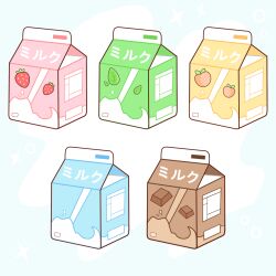 Rule 34 | beereckless, blue background, bubble, chocolate, commentary, english commentary, flat color, food, food focus, fruit, highres, leaf, milk, milk carton, no humans, original, peach, simple background, sparkle, strawberry