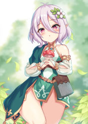 Rule 34 | 1girl, antenna hair, bare shoulders, blurry, blurry background, blush, breasts, bridal gauntlets, commentary request, depth of field, detached sleeves, dress, elf, falling leaves, flower, green dress, green sleeves, hair between eyes, hair flower, hair ornament, highres, holding, kokkoro (princess connect!), leaf, long sleeves, looking at viewer, milkshakework, mushroom, parted lips, pointy ears, princess connect!, puffy long sleeves, puffy sleeves, purple eyes, revision, see-through, see-through sleeves, short dress, short hair, silver hair, sleeveless, sleeveless dress, small breasts, solo, white flower