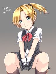 Rule 34 | 10s, 1girl, between legs, between thighs, blonde hair, blush, dated, gloves, hand between legs, highres, infinote, kantai collection, looking at viewer, maikaze (kancolle), open mouth, ponytail, school uniform, short hair, sitting, skirt, smile, twitter username, vest