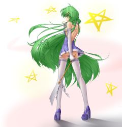 Rule 34 | 1girl, alternate costume, ass, back, back cutout, backless dress, backless outfit, breasts, clothing cutout, dress, elbow gloves, frog hair ornament, from behind, full body, gloves, gohei, gradient background, green eyes, green hair, hair ornament, hater (hatater), high heels, highres, kochiya sanae, long hair, looking at viewer, looking back, matching hair/eyes, non-web source, oonusa, panties, profile, small breasts, smile, snake hair ornament, solo, star (symbol), thighhighs, tongue, tongue out, touhou, underwear, very long hair, white gloves, white thighhighs