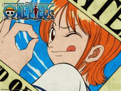 Rule 34 | 1girl, :d, female focus, highres, nami (one piece), one piece, open mouth, orange hair, short hair, sky, smile, solo, tongue, tongue out, wallpaper, wanted poster, wink