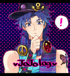 Rule 34 | !, 1boy, anchor symbol, bad id, bad pixiv id, blouse, blue eyes, blue hair, bug, butterfly, butterfly tattoo, hat, insect, jojo no kimyou na bouken, jonathan joestar, ladybug, male focus, matching hair/eyes, peace symbol, phantom blood, scarf, sewenan, shirt, solo, stardust crusaders, steel ball run, striped clothes, striped shirt, tattoo, wristband