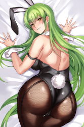Rule 34 | 1girl, all fours, animal ears, ass, bare shoulders, blush, breasts, c.c., cameltoe, code geass, come hither, fishnet pantyhose, fishnets, from above, from behind, green hair, highres, hikari (komitiookami), huge ass, large breasts, long hair, looking at viewer, looking back, naughty face, pantyhose, rabbit ears, rabbit tail, shiny clothes, shiny skin, sideboob, smile, solo, tail, top-down bottom-up, very long hair, yellow eyes
