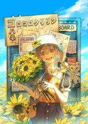 Rule 34 | 1girl, :d, absurdres, azusawa kohane, bag, blue sky, bouquet, brown eyes, brown hair, bucket hat, flower, hat, hat flower, highres, holding, holding bouquet, jewelry, jingzhaowhale, necklace, open mouth, project sekai, puffy short sleeves, puffy sleeves, short sleeves, short twintails, shoulder bag, sky, smile, solo, sunflower, twintails